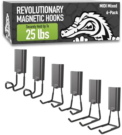 GATOR MAGNETICS MIDI 2.5 & 4 Open Hooks, 25 lb Heavy Duty Magnetic Hooks for Steel Surfaces, Patented Easy-Release, Non-Slip Grip – Storage & Organization, Garage, Shed, Home, Cleaning Tools -6 Pack