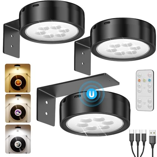 USB Rechargeable Picture Lights for Wall, Black 2600mAh Battery Operated Led Art Lights for Paintings Wireless Picture Frame Lighting Stick On Display Cabinet Light Remote Magnetic Puck Light Poster