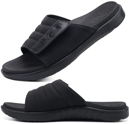 ONCAI Sandales pour Hommes Sangles Réglables Orthotique Bout Ouverts Sports Slides avec Souple Confortable Support de la Voûte Pantoufles Noir Taille 44