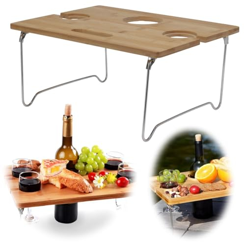 LS-LebenStil Holz Picknicktisch 38x28cm klappbar tragbar Kleiner Weintisch Outdoor Garten Camping Betttablett Picknick Tisch Weingläser Weinflasche