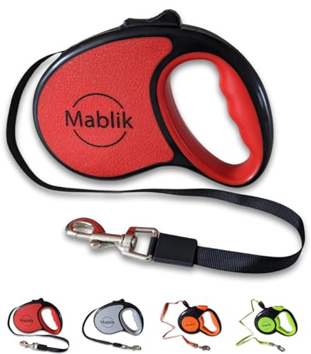 Mablik® Correa Perro Extensible 5 Metros Roja, hasta 15 Kg Correa Extensible Perro Pequeño y Mediano, Cinta Resistente, Botón Frenado. Auto-Enrollado. Mosquetón 360º, Ergonómico. (Rojo, 5M)