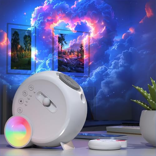 Stjärnhimmelprojektor, galaxprojektor med 6 typer av färgglada ljuseffekter, nattljusprojektor, projektorlampa, 15 inbyggda vita ljud, stöd för Bluetooth-uppspelning