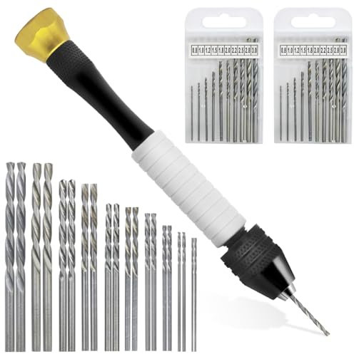 AIFUDA Handbohrmaschine für Schmuckherstellung, mit 20 Mikro-Spiralbohrer-Bits (0,8 mm - 3,0 mm) für Harz, Drehwerkzeuge für Holz, Schmuck, Kunststoff, Miniatur und mehr Hobbybohrer