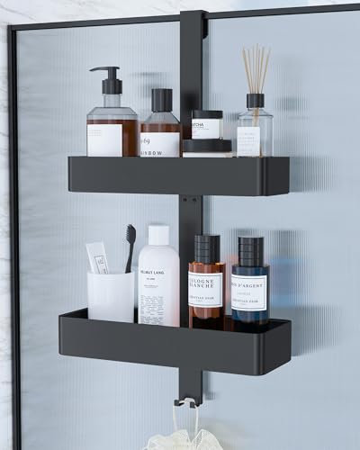 Kitsure Duschregal ohne Bohren - 2-stöckiges Duschablage, rostfrei & vielseitig Duschablage ohne Bohren, praktisches Duschregal für Shampoo, Handtuch & Abzieher, 29,1 x 11,2 x 5,1cm, Schwarz