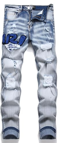 Kdtoll Jeans Uomo Strappati con Ricamo - Pantaloni in Denim Elasticizzato, Jeans Slim Fit, Look Streetwear Versatile e di Tendenza