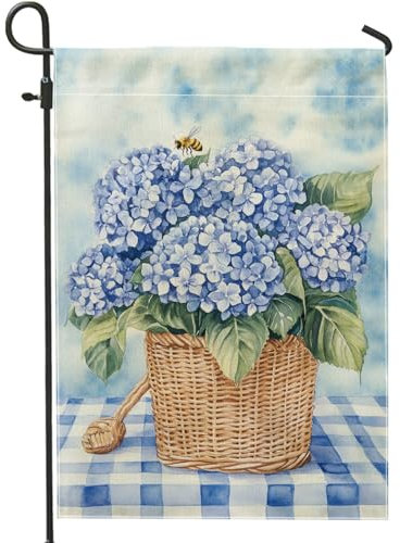 Drapeau de jardin d'hortensia bleu, bannière florale de printemps et d'été, drapeau de cour double face en toile de jute, décoration extérieure pour fêtes sur la pelouse, 30,5 x 45,7 cm
