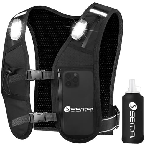 semai LED Running Vest Women & Mens Reflective Vest, Adjustable Chest Straps Running Hydration Vest with 500ml Water Bottle, 6 Pockets With Phone Holder & Storage for Marathon, Night Running, Cycling