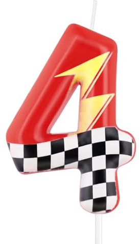 mciskin Red Racing - 4 candele di compleanno, decorazioni per 4° compleanno per ragazzo e ragazza, candela rossa numero 4 per torta, decorazioni per torte a tema auto da corsa a tema auto da corsa
