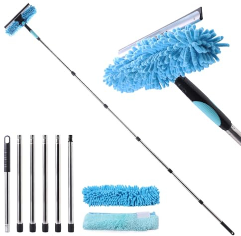 CLEANHOME Telescopic Window Cleaner Tool-Poles×6(Maximum length: 92.52in)Rotatable Window Squeegee with Two Cleaning Cloths Capable of Absorbs Dust and Moisture from Window Glass Surfaces