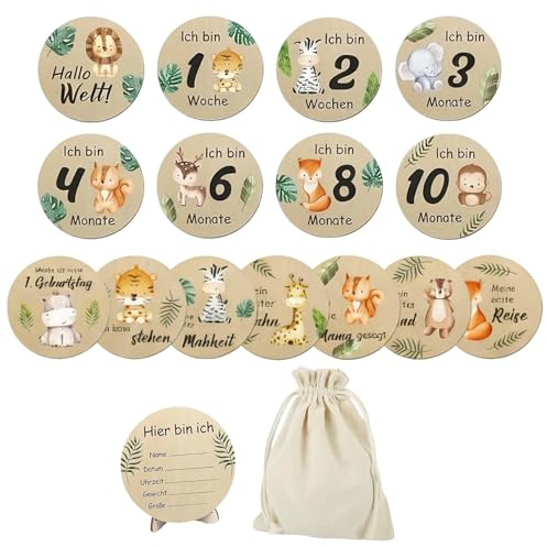 FDHBDF 15 tarjetas de hitos para bebés de madera con animales de colores, hitos en discos de madera nobles, tarjetas de hitos de madera de tilo natural para recordar como regalo Ideas de regalo para