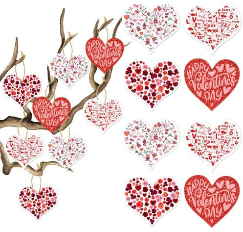 8Pcs Happy Valentine's Day Tags,Red Heart Shaped Paper Tag Hangtags Happy Valentine's Day Gift Tags Paper Gift Tag Labels with Hemp Rope for Wedding Party Gift Wrapping Valentines Decorations