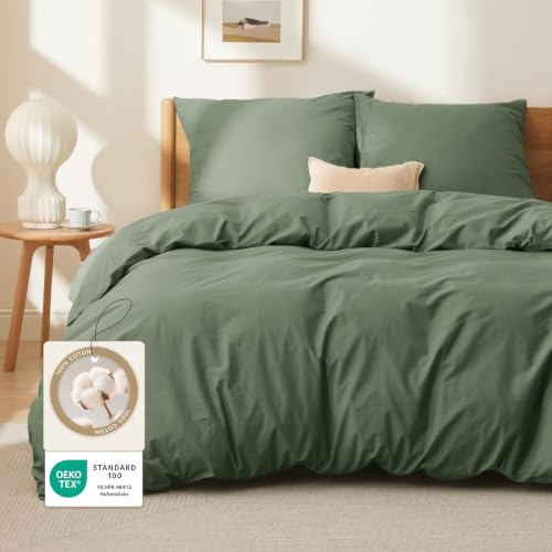 Bedsure Påslakan 200 x 200-100 % bomull 2 örngott 65 x 65 olivgrönt | Sängkläder för vuxna, 200 x 200, med dragkedja, lätta, mjuka och hållbara, enkel montering, Oeko-Tex-certifierad