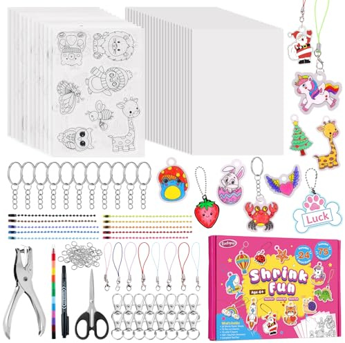 Funtopia 201Pzas Kit De Manualidades, Plástico Mágico Para Hacer Llaveros | 24 Hojas Blancas Y 12 Precortadas (75 Diseños), Juego De Arte Encogible Diy Para Niños Y Adultos Con Perforadora Y Accesorios
