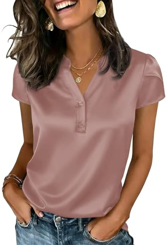 Yousify Women Satin Blouse for Women Business Work Tops Casual Cap Sleeve V Neck Button Down Shirts(Light Coffee,Large)