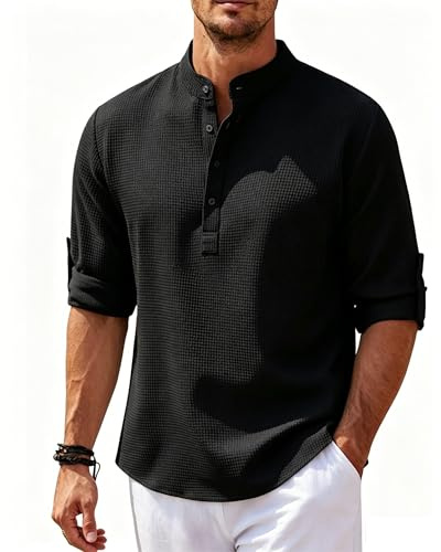 Neteson Camisa Hombre Manga Larga Camisas Informales Verano Henley T-Shirt | Playa Camisa Casual Top Corte Regular Fit Suelta Color Sólido con Botónes