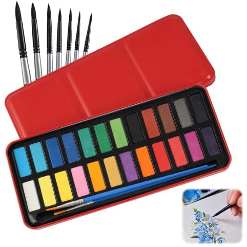 24 Colours Travel Watercolour Paint Set in Metal Case for Beginners Artists | Portable Watercolour Starter Set with 7 Brushes, Small Compact Watercolor Paint Set for Sketching Drawing Painting Art Craft