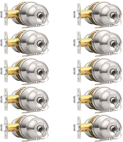 Probrico 10 Pack Keyed Alike Entry Knobs with Keys, Brushed Nickel Ball Door Knobs Entrance Lockset, Single Cylinder Door Lock