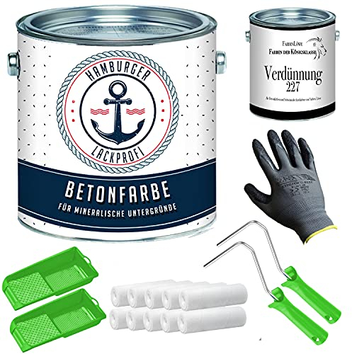 Hamburger Lack-Profi Betonfarbe SEIDENMATT Schiefergrau RAL 7015 Grau Bodenfarbe Bodenbeschichtung Betonbeschichtung Fassadenfarbe mit Lackier-SET (X300) und Verdünnung (1 L) (5 L)
