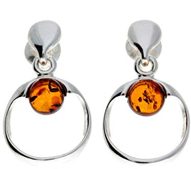 Modern Genuine Round Baltic Cognac Amber and 925 Sterling Silver Studs Drop Earrings GL165C