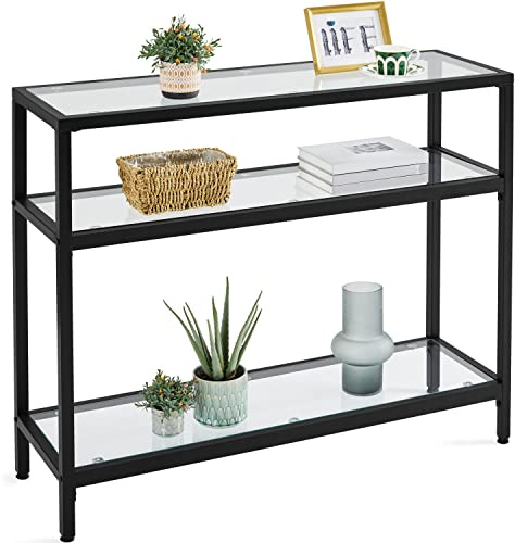 Yaheetech 39.5 Console Table with 3 Storage Shelves,Tempered Glass Sofa Table, Modern Entryway Tables with Metal Frame for Hallway Living Room Bedroom, Easy Assembly, Black