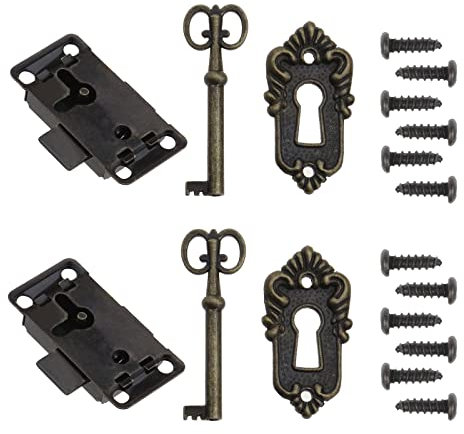 Set di 2 serrature antiche per porte e armadietti, in bronzo vintage, design con serratura decorativa, acchiappasogni, metallo in lega di zinco per scatole di gioielli regalo