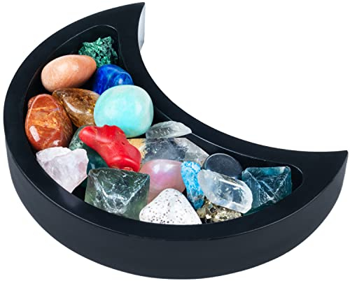 Curawood Plateau en forme de demi-lune pour montrer vos cristaux et pierres de guérison, support en bois noir de 15 cm pour exposer les pierres, plateau en cristal pour ranger les pierres, présentoir
