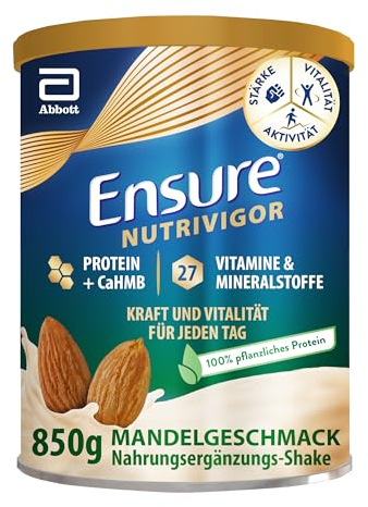 Ensure NutriVigor d'origine végétale - Complément alimentaire avec protéine, HMB et 27 vitamines et minéraux, y compris la vitamine C, le magnésium et le zinc - Saveur amande - 1 x 850g