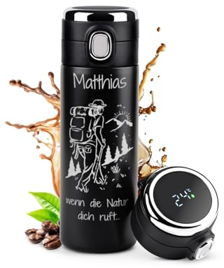 Maverton Trinkflasche mit Gravur 400 ml - Thermobecher auslaufsicher 100% dicht - LED-Touch-Anzeige - Thermoskanne aus Edelstahl - für Männer zum Geburtstag - Weihnachtsgeschenke - schwarz - Naturruf