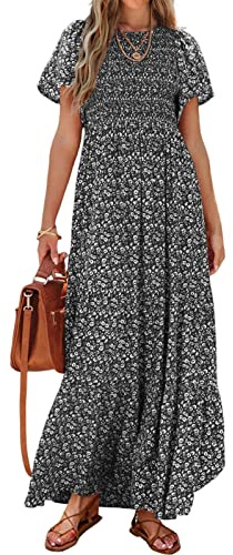 PRETTYGARDEN Vestido Largo Informal de Verano, de Manga Corta con Volante, Bohemio, Floral, Cuello Redondo, Fruncido, Escalonado, para Mujer, Negro -, M