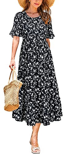 STYLEWORD Women Summer Dress Floral Short Sleeve Ladies Casual Swing Midi Dress with Pockets(Floral12,XX-Large)