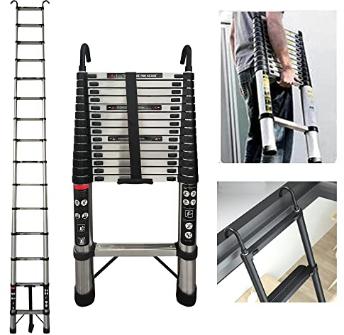Escalera telescópica de acero inoxidable de 5 m, escalera extensible con 2 ganchos, escalera de pesca antideslizante, escalera multiusos, 150 kg de capacidad de carga EN131