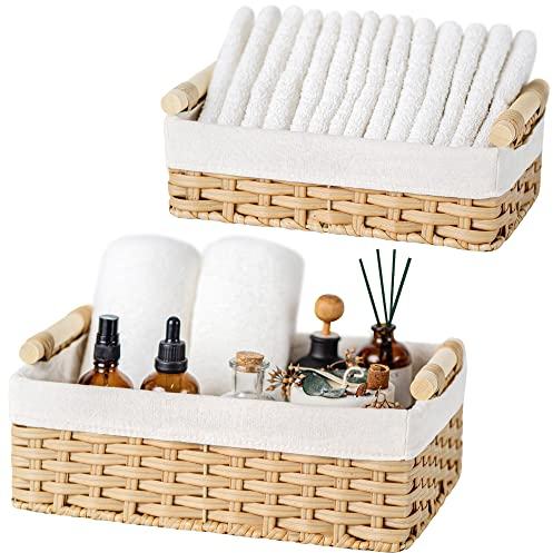 GRANNY SAYS Cestini Bagno Portaoggetti, Set di 2 Cestini Vimini da Scaffale, Cestino Vimini Piccolo, Cestini Portaoggetti con Manici in Legno, Ceste in Vimini, Giallo