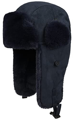 Seeberger Finola Fliegermütze Pilotenmütze Wintermütze Lapeer Damen - mit Ohrenklappen, Futter Herbst-Winter Winter - L (58-59 cm) dunkelblau