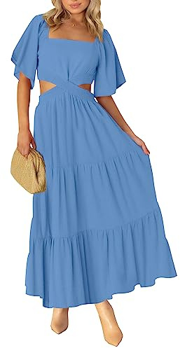 LEANI Womens Short Sleeve Cutout Maxi Dresses Smocked Square Neck Tiered Long Dress Blue