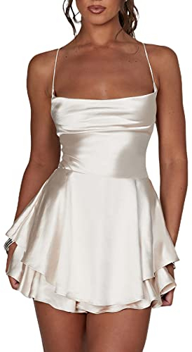 Damen Satin Romper Kleid Einfrabiger Cami Playsuits Ärmellos Spaghetti Strap O-Ausschnitt Rüschen Strampler Kleid Mini Jumpsuit Sommer Cross Tie-Up Rückenfreies Romper Kleid Clubwear (Champagner, S)