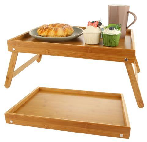 Oungy Juego de 2 bandejas de bambú para cama con patas plegables, 42 x 30 x 20 cm, bandeja de desayuno para comer en el regazo, bandeja de cama multiusos para cama, sofá, mesa