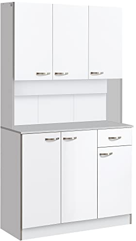 HOMCOM Küchenschrank, Hochschrank mit Schubladen, verstellbaren Einlegeböden, Küchenbuffet mit Mikrowellenregal für Wohnzimmer, Esszimmer, 101 x 39 x 180 cm, Weiß