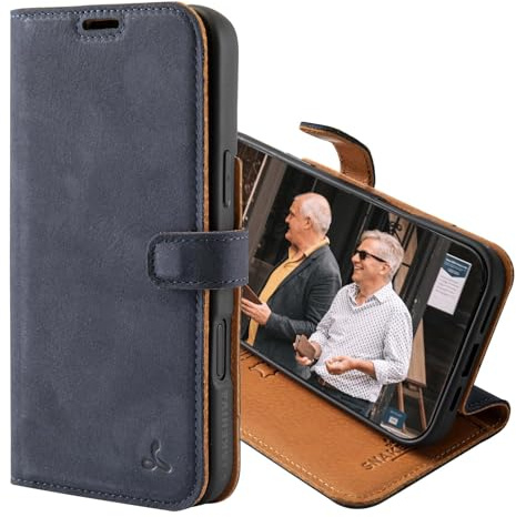 Snakehive Leather Wallet for iPhone 16 Pro Max - Real Leather Wallet Phone Case with Viewing Stand and Card Holder - Flip Folio Cover with Card Slots (Navy)