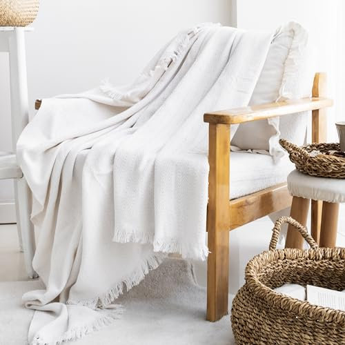 Milam London Cotton Throw Blanket | Soft Throws For Armchairs, Sofa, Settee | Single Bed Throw, Cream - 170 x 200 cm