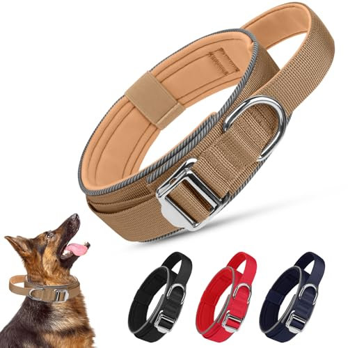 Ledeak Taktisches Hundehalsband, Weich Depolstert Atmungsaktives Hunde Halsband, Verstellbare Nylon Reflektierend Hundehalsband Mit tragbarer Metallschnalle für Mittel Große Hunde (Khaki, L)
