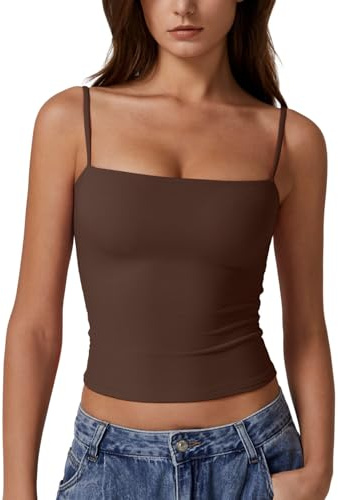 QINSEN Women's Sleeveless Tank Top Scoop Neck Double Layer Spring Summer Basic Cami Shirts Chestnut M