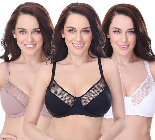 Curve Muse - Sujetador de Figura Completa con Aros y minimizador sin Forro para Mujer Talla Grande-Paquete De 3-Pink Beige,Black,White-120F