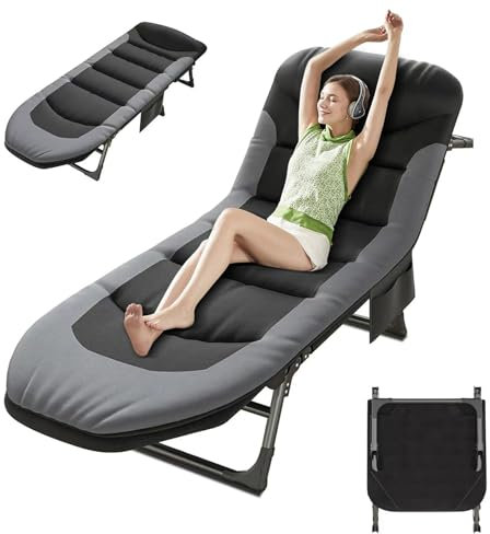 Chaise longue pliable, chaise longue de jardin, lit de camping réglable sur 6 positions, transat pliable avec oreiller et matelas, lit de pêche, parfait pour le camping, intérieur/extérieur (190 x 65