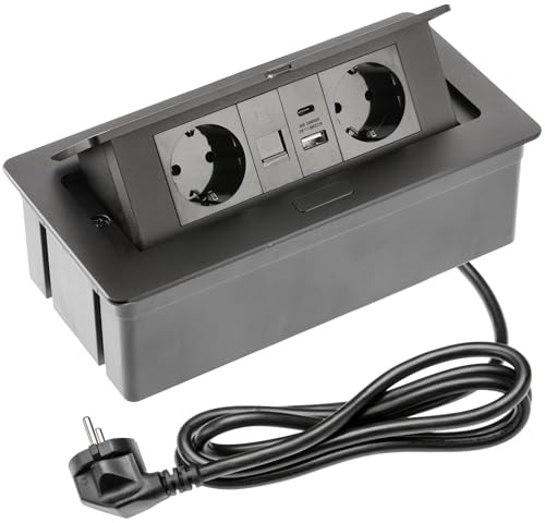 GTV – Inbyggt uttag MULTISOFT svart med 2 x Schuko, USB A+C, RJ45, HDMI 2.0, lock, infällbar, 1,5 m kabel, för skrivbord, konferensbord, kök eller hemmakontor