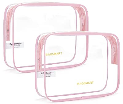 BAGSMART 2pcs Clear Toiletry Bag TSA Travel Essential for Makeup Liquids | PVC Waterproof, TSA Approved Airport Security, Cosmetics, Toiletries & Medicine Organisesr, Pink