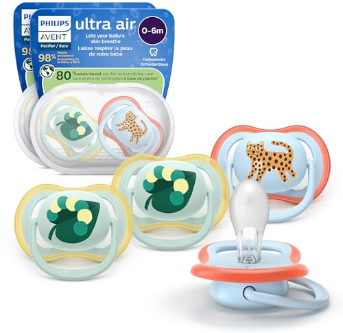 Philips Avent Ultra Air Pacifiers - Orthodontic Design, for Babies 0-6 Months, Soft Silicone Symmetrical Nipple, BPA-Free, 2 Sterilizing Cases, 4 Pack, SCF087/19