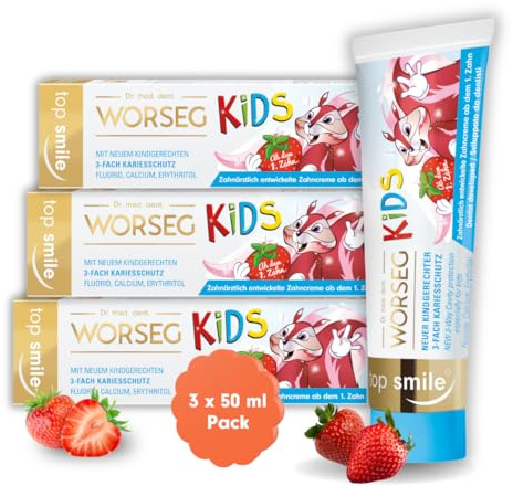 Dr. Worseg Top Smile Kids tandgel med utsökt jordgubbssmak från 0 år, 3 x 50 ml