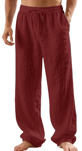 TRFIC Mens Linen Pants Yoga Beach Loose Fit Casual Summer Elastic Waist Drawstring Baggy Trousers with Pockets Burgundy