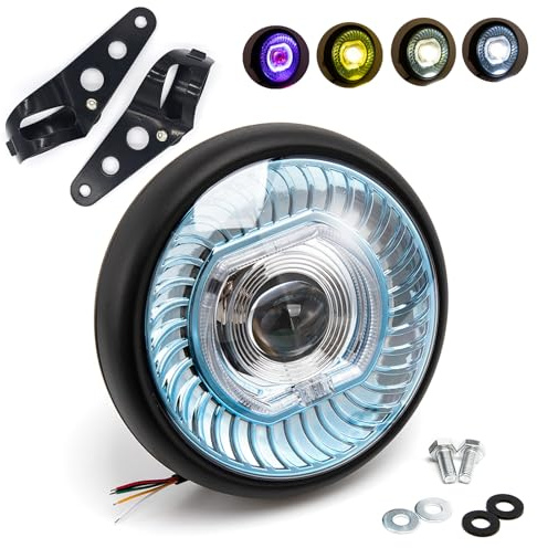 APEBAZY Faro Universale da 7,68 pollici per moto con supporto Faro a LED Faro anteriore per moto rotondo per Certificato E Per Cafe Racer, Bobber e Chopper