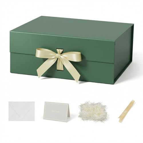 Large Gift Box with Lid 32x28x13.5 cm, Green Gift Boxes Magnetic for presents Packaging for Birthdays, Shoe Box Bulk, Christmas (Include Shredded Paper Fill, Envelope Card Ribbon)